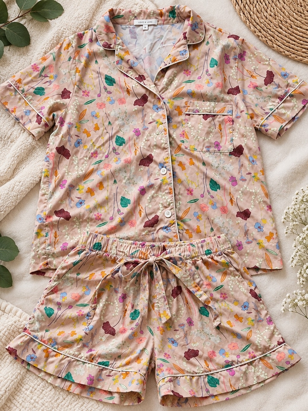 LOVE + LORE Floral PJ set in blush pink